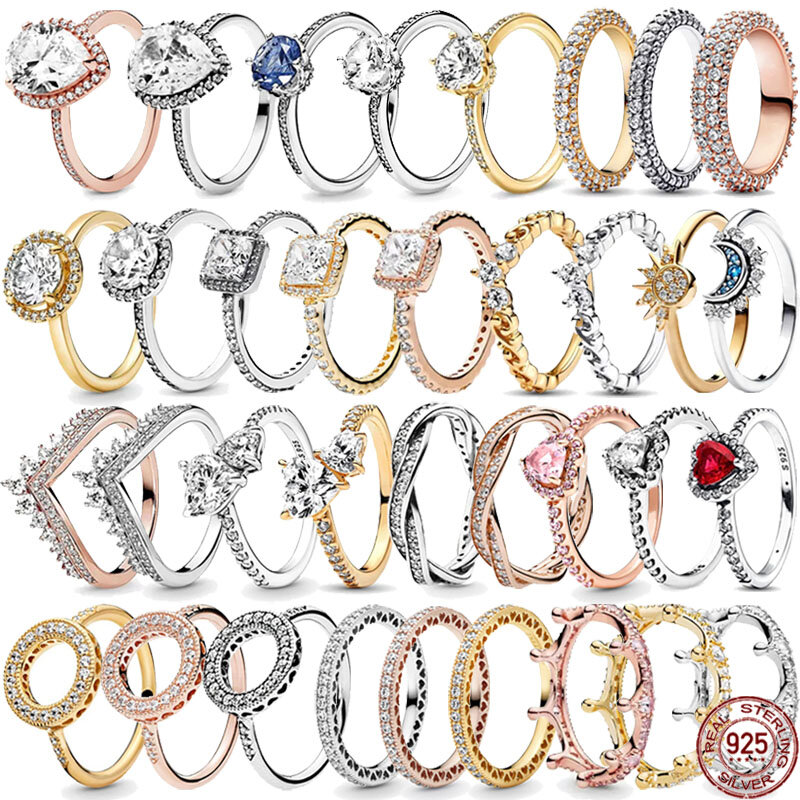 925 anel de prata esterlina para mulheres, coroa deslumbrante, corações redondos, presente requintado da jóia, luxo leve, clássico, venda quente