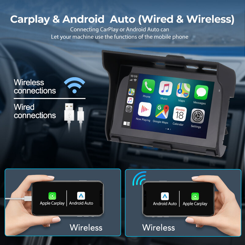 Sem fio motocicleta CarPlay Android Auto rádio estéreo 5 polegadas Bluetooth TF USB IP65 impermeável portátil moto cabeça