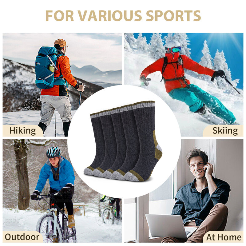 Calcetines térmicos de lana merina para hombre, medias informales gruesas y cálidas para deportes al aire libre, senderismo y nieve, 5 pares
