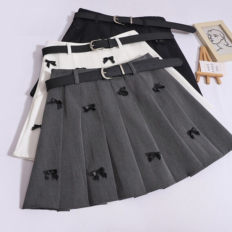 ITOOLIN-minifaldas bordadas con lazo para mujer, faldas elegantes con cinturón, Preppy, de cintura alta, de oficina