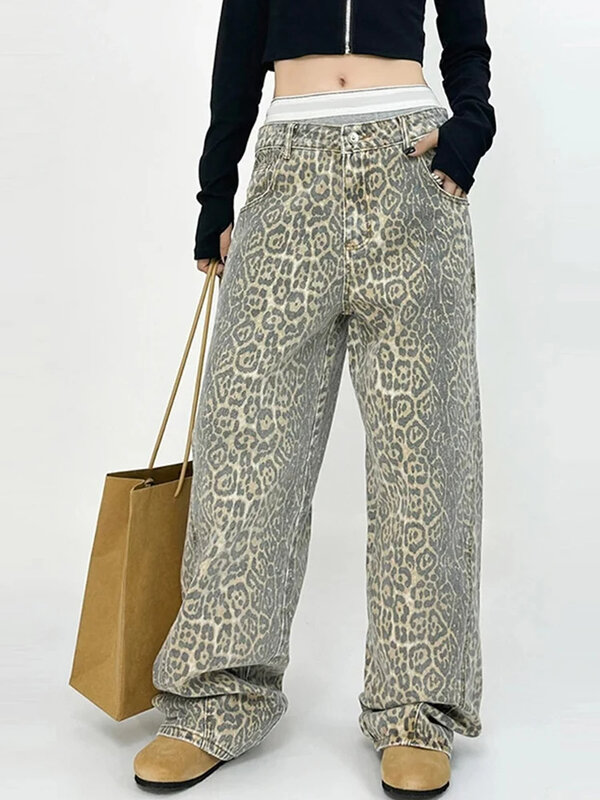 Y2k Leopard Jeans Pants Women Loose High Street Wide Legs Female Cargo Pant 2024 Spring Summer Fashion Hip Hop Denim Trousers