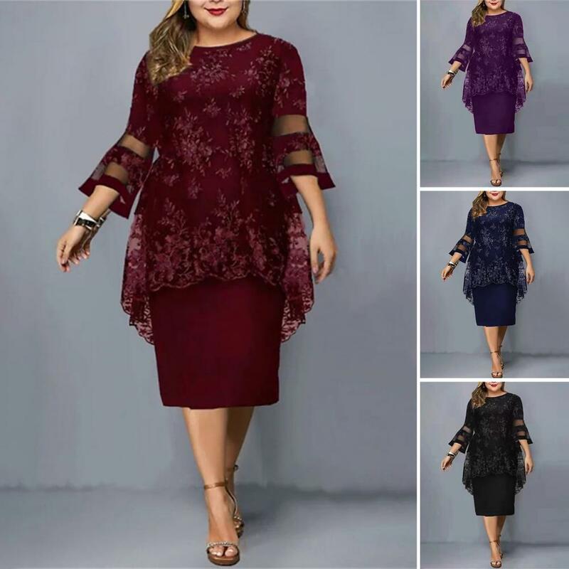 Lady Party Dress Lace Patchwork Flare Sleeves Midi Dress Fake Two Piece Elegant Bodycon Dress For Wedding Banquet