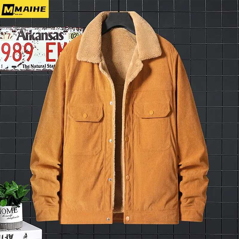 Jaqueta de carga Windproof masculina, casaco grosso de lã de cordeiro, verde-exército, veludo, roupa exterior, nova, outono e inverno, 2023