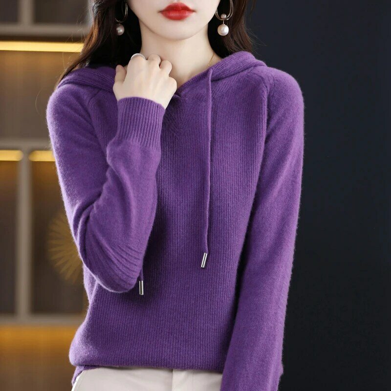 Suéter con capucha de lana pura para mujer, Jersey suelto de estilo exterior, jersey de manga larga, moda de punto, versión coreana, Otoño e Invierno