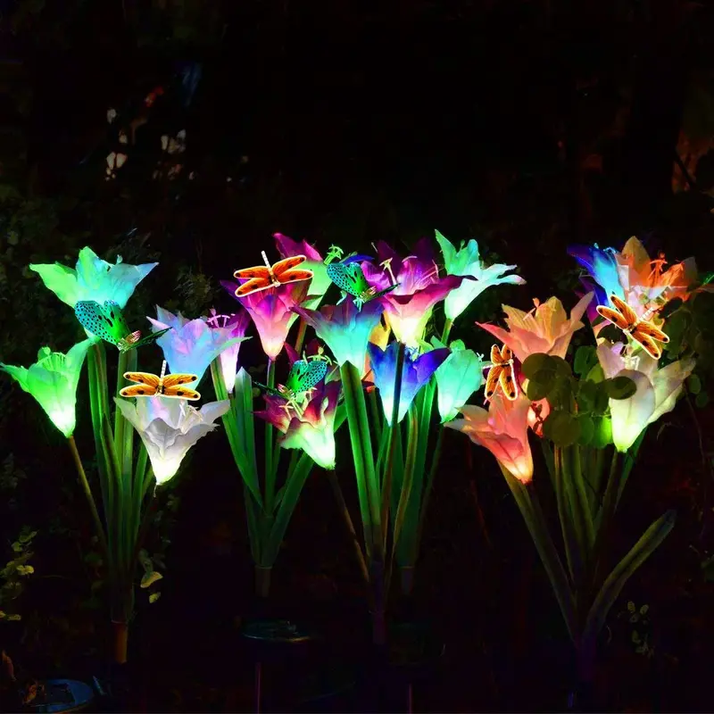 3 głowy Led Solar kwiat lilii motyl ważka lampa ogrodowa 7 zmienia kolor oświetlenie lilia różowe światło lampa trawnikowa dekoracje krajobrazu
