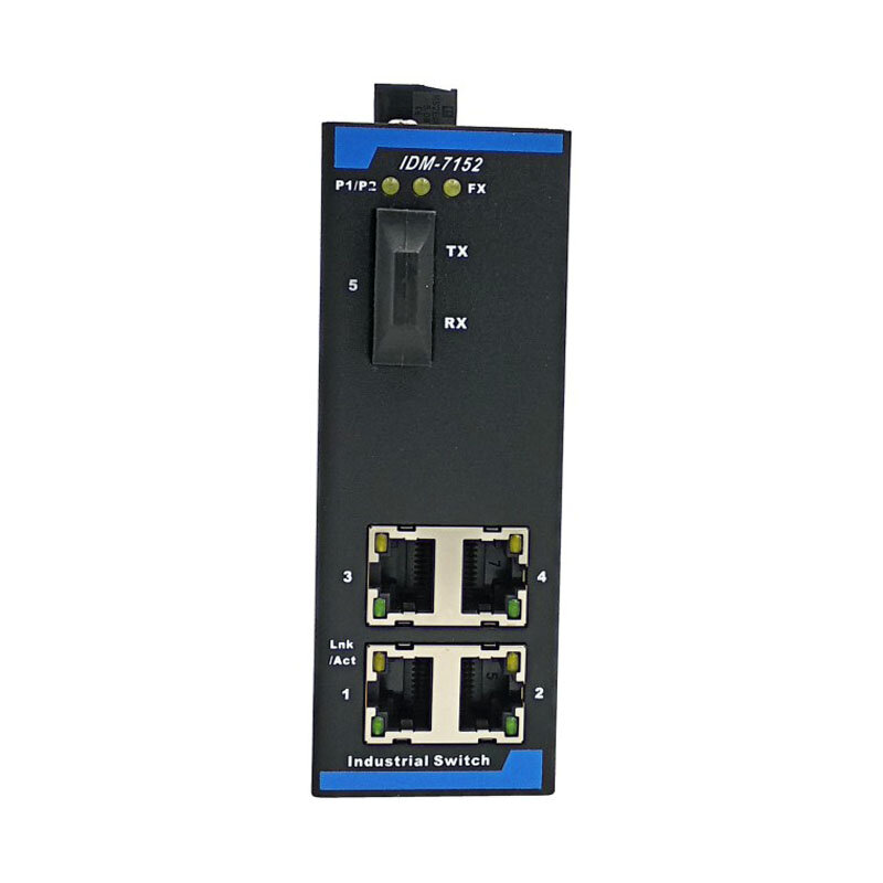 IDM-7152 Industriële Schakelaar Met 5 Poorten 1 Optische 4 100M Ethernetschakelaar Op Instapniveau 12V 24V Din-Rail