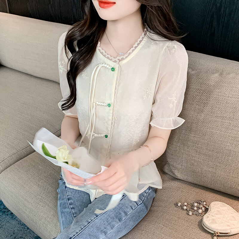 Miiiix-camisa bordada con botones chinos para mujer, Top holgado de gasa de manga larga con cuello redondo, ropa femenina 2024