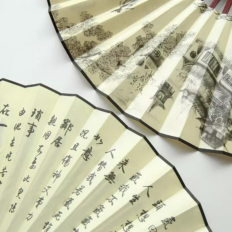 1個レトロ折りたたみシルクファン中国風の装飾男性ポケット竹ハンドルハンドヘルドファンパーティー好意家の装飾工芸品