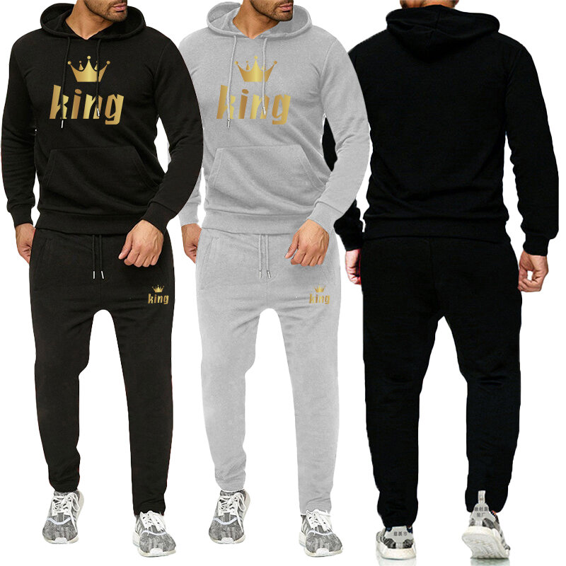 2023 Men's Sportswear Hoodie Set King Print Hoodie+Pants Two Piece Set Autumn/Winter Warm Wool Hooded Pullover Set