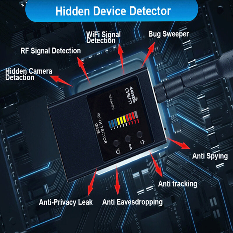 Détecteur de caméra numérique anti-espion G338, alarme de protection, multifonction, sans fil, testeur Wifi, dispositif de signal RF, EAU, poignées GPS, etc.