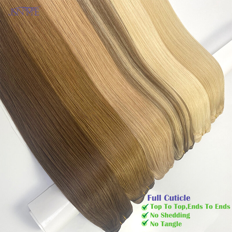 JSNME proste przedłużenia wątku 100% prawdziwe ludzkie włosy wiązki wątków uszyte w przedłużeniach wątku brązowa blondynka 14 "-24" puszka kręcona dla kobiety