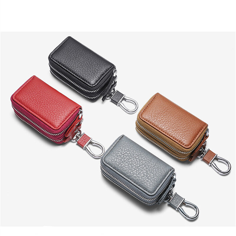 Cow Leather Key Bag Vintage Unisex Bags Case Cover Car Keychain Housekeeper Holders Double Zipper Simple Solid Wallet Organizer