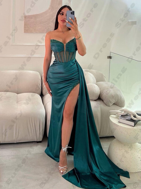 Gorgeous Satin Evening Dresses For Women Elegant Sexy Mermaid Off Shoulder Sleeveless High Split Simple Mopping Party Prom Gowns