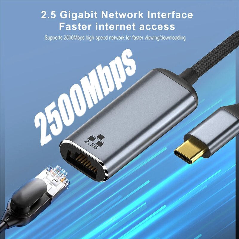 Adaptor Ethernet 2500 Gigabit Tipe C ke Lan, kartu jaringan RJ45 2.5 Mbps 2.5G USB C untuk MacBook iPad Pro USB 3.0