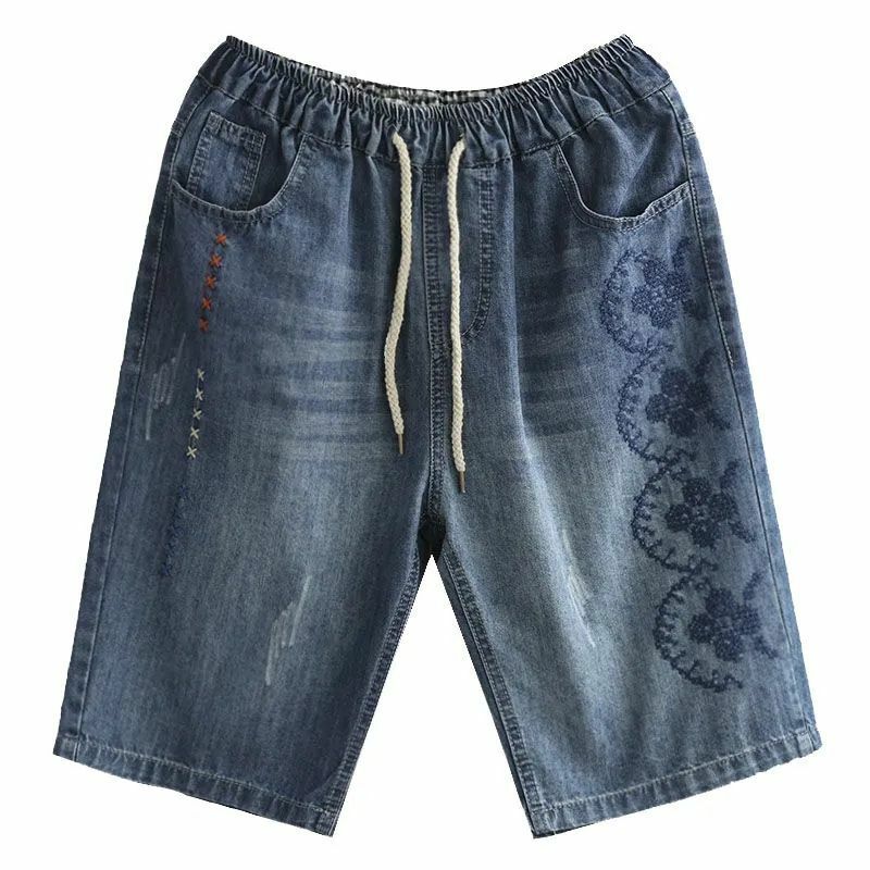 Calça jeans feminina com elástico na cintura até o joelho, calça retrô solta, perna reta bordada, com renda, verão, nova, 2024