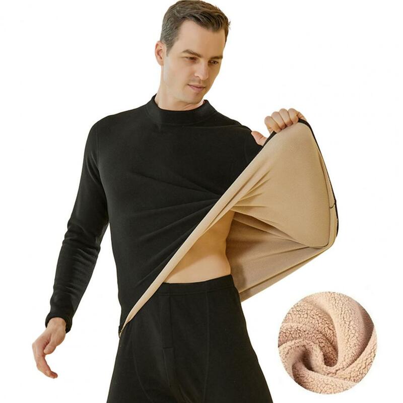 Confortável conjunto de roupa interior térmica masculino, gola simulada, ajuste fino, forrado de lã grossa, elástico macio, inverno quente