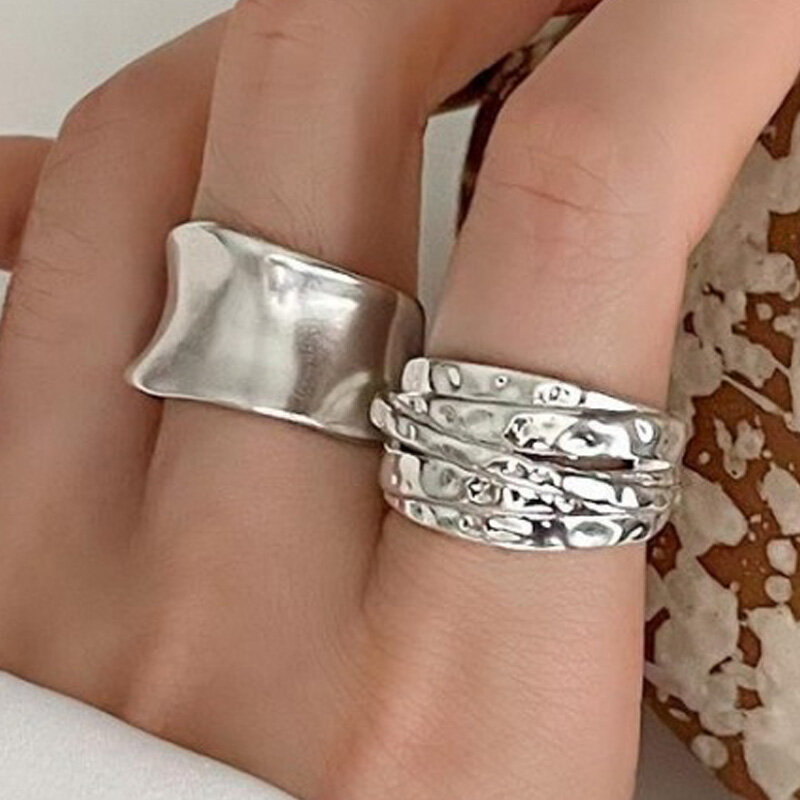 BF CLUB 925 srebrny pierścionek dla kobiet biżuteria szeroka prosta otwarty Vintage pierścionek ręcznie robiony alergia na przyjęcie prezent urodzinowy