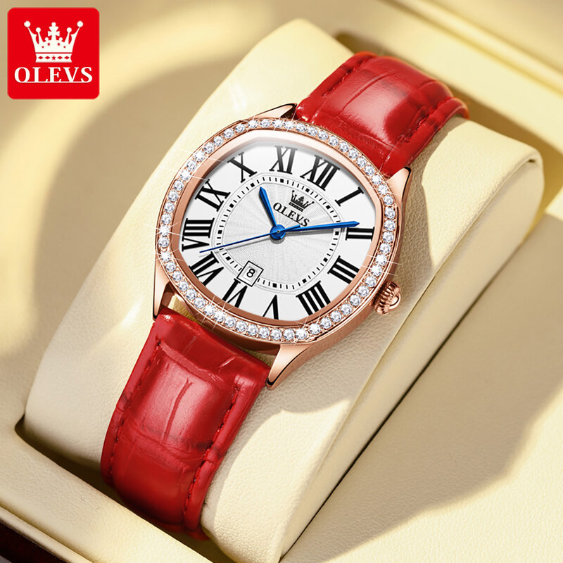 OLEVS marka moda diamentowy zegarek kwarcowy kobiety luksusowy skórzany wodoodporny kalendarz damskie zegarki na rękę prezent Relogio Feminino