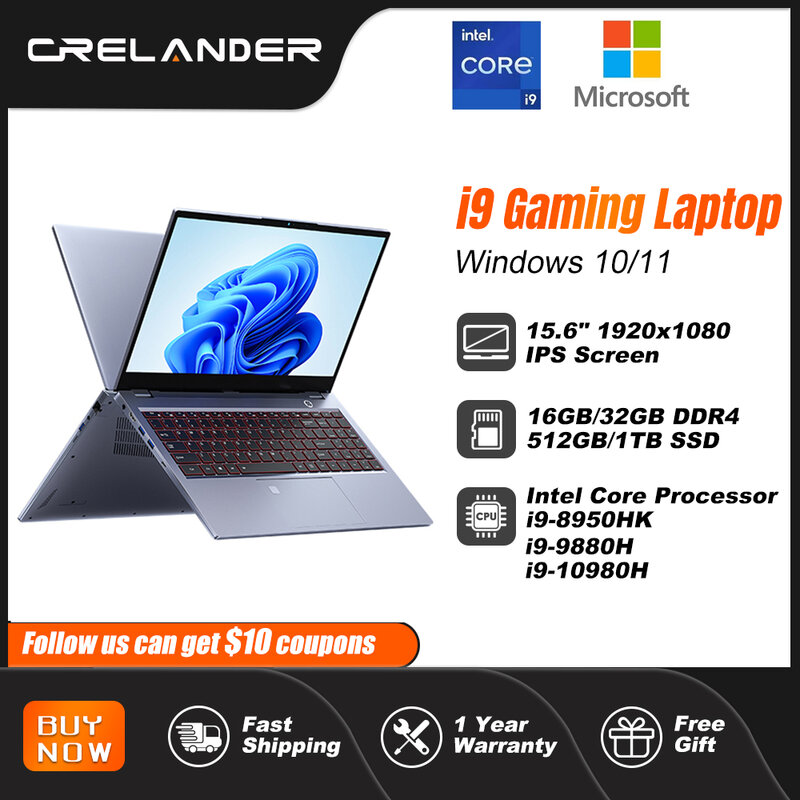 Ноутбук CRELANDER i9, 15,6 дюйма, процессор Core i9 8-го/9-го/10-го поколения, 32 ГБ ОЗУ, игровой ноутбук на Windows 11, портативный ПК