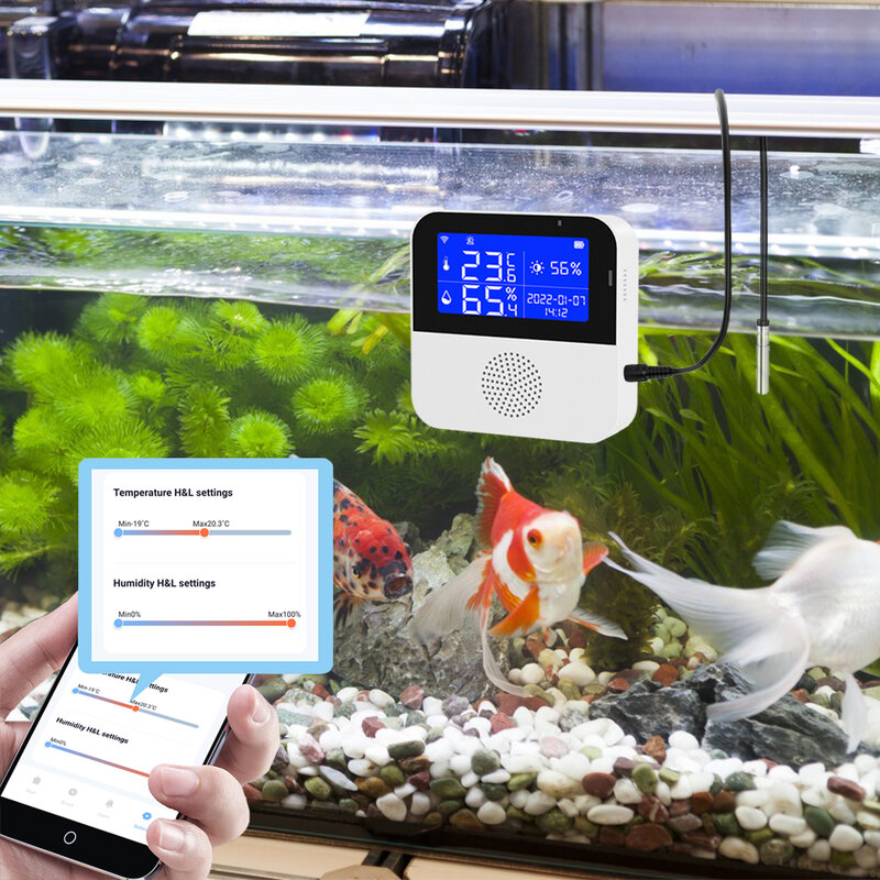Sensor Kelembaban Suhu WIFI Tuya Presisi Tinggi untuk Tangki Ikan Pertumbuhan Tanaman Rumah Pintar dengan Garis Suhu Air