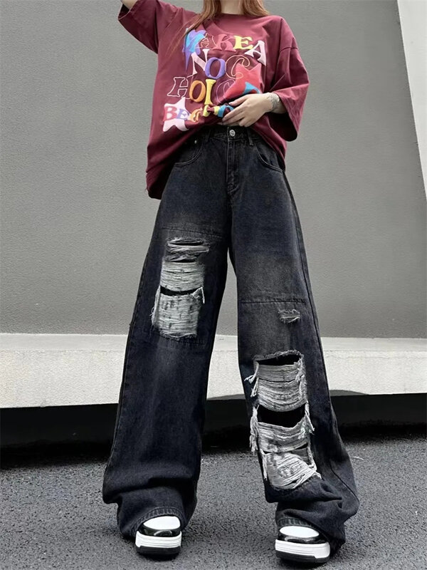Nieuwe Amerikaanse High Street Crowd Design Gevoel Gebroken Gat Jeans Vrouwen Zomer Hoge Taille Retro Losse Straat Wijde Pijpen Broek