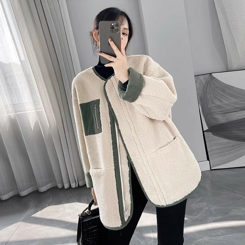 2024 Autumn/Winter New Lamb Wool Jacket Women's Fashion Korean Edition Loose Spliced O Neck Warm Overcoat Female Parkas Coats