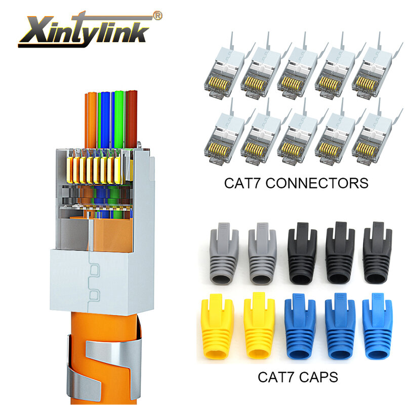 xintylink CAT7 CAT6A rj45 connector 50U RJ 45 ethernet cable plug network SFTP FTP half shielded jack 1.5mm hole pass through