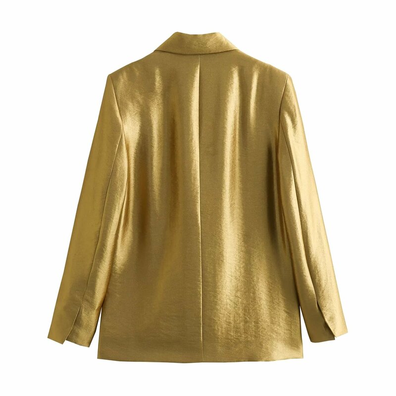 Женский однобортный свободный Блейзер, винтажный Блейзер золотого цвета с прямым вырезом, длинными рукавами и карманами, 2023