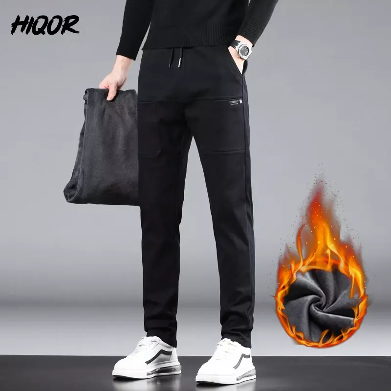 HIQOR Y2k Clothing Winter Warm Man Pants Thicken Men Fleece Loose Straight Trousers Fashion Korean Style Business Pants for Mens
