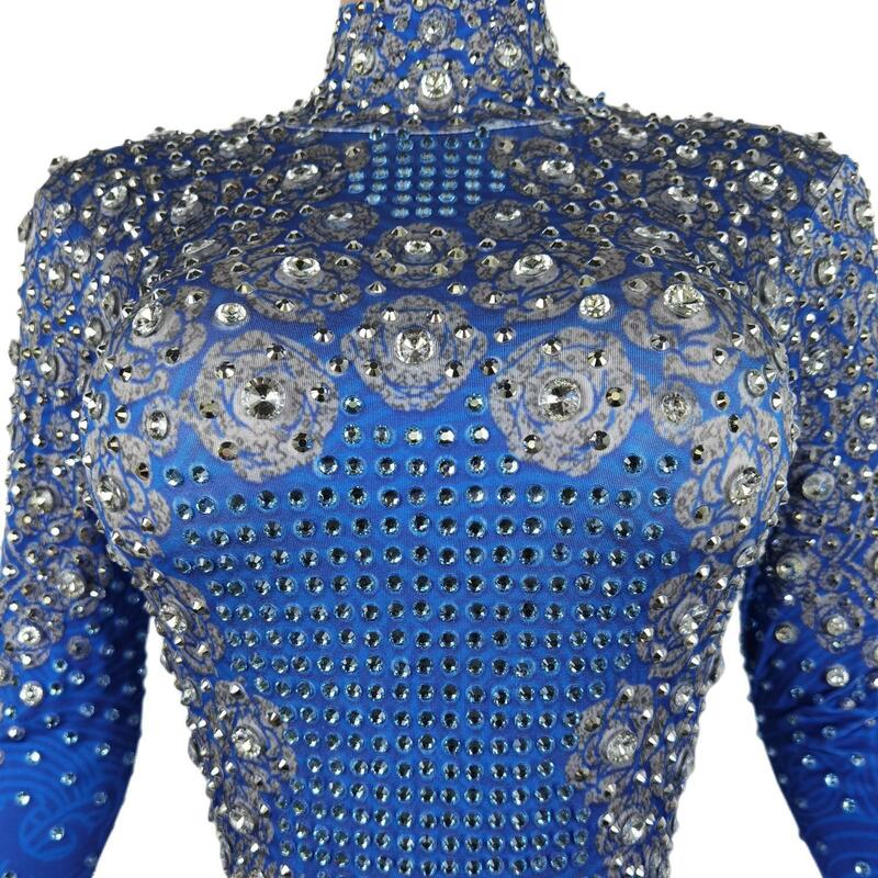 Sparkle Blue Rhinestones Jumpsuit Woman Stretch Leggings Singer Costume Birthday Party Club Stage Outfit Spandex Yatelandisi
