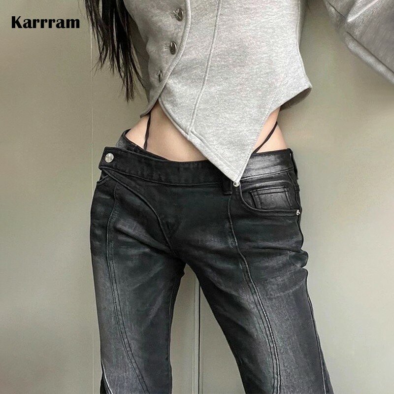 Karrram-pantalones vaqueros Vintage desgastados de cintura baja, pantalón vaquero de cintura asimétrica Grunge, pantalones vaqueros acampanados negros de moda coreana, ropa de calle Kpop