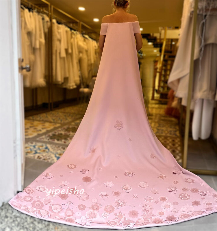 Gaun Prom Arab Saudi gaun Prom Satin Applique Natal A-line Off-the-shoulder Bespoke gaun acara panjang lantai