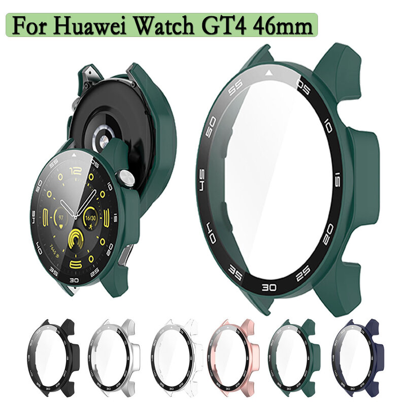 2 em 1 caixa protetora para relógio huawei gt4, 46mm, protetor de tela de vidro temperado, capa de proteção com filme