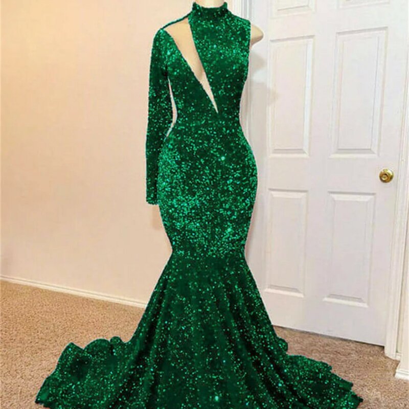 Mermaid Green Sequin Prom Dresses One Shoulder High Neck Ladies Elegant Formal Occasion Gown Floor Length Birthday Party Dress