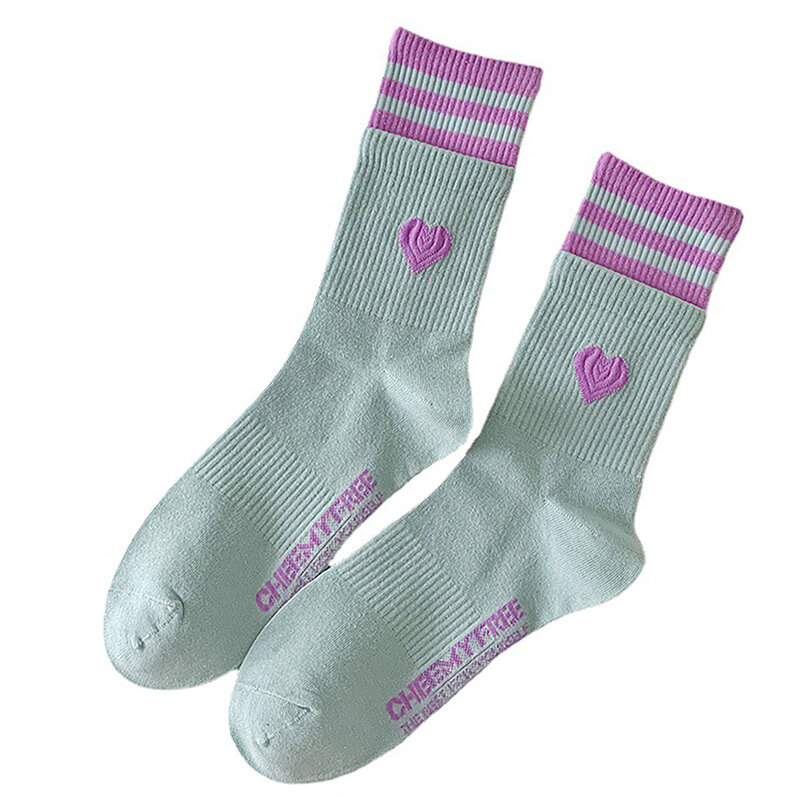 Japanese Sweet Style Women Socks Macaroon Color Love Heart Embroidered Cotton Sock Harajuku Striped Calcetines