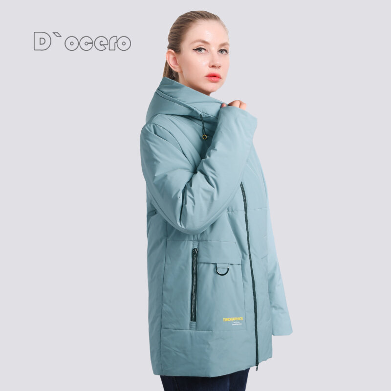 D'ocero 2021春の新作秋ジャケット暖かいカジュアル防風女性のコートプラスサイズロングフード付きファッションパーカー服