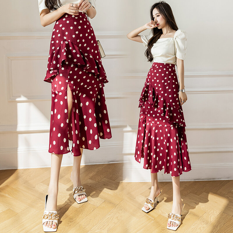 Wisher&Tong Elegant Women's Skirts High Waist Chiffon Ruffles Polka Dot Skirt Korean Fashion Midi Skirts Female Summer 2022