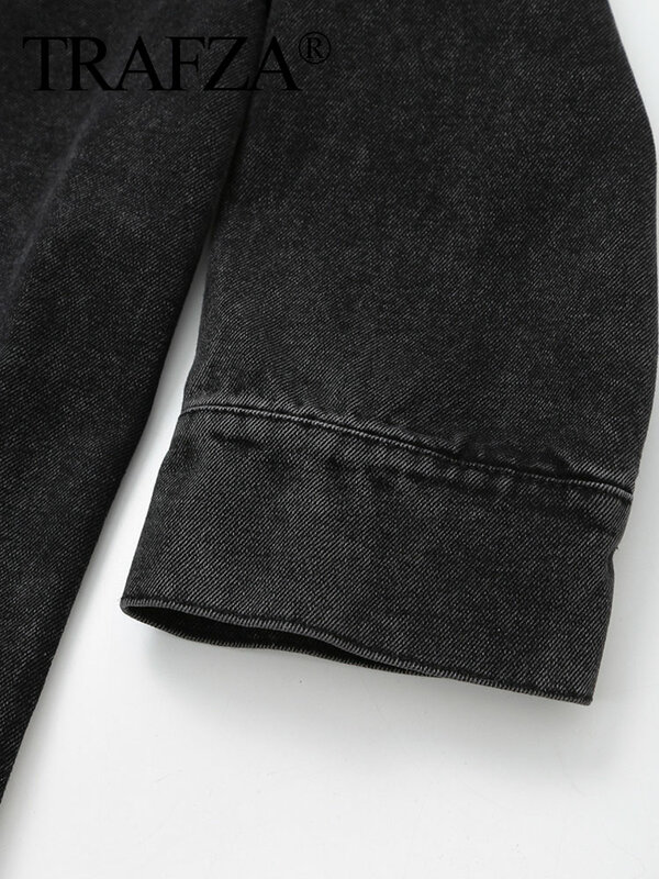 TRAFZA-cortavientos vaquero negro para mujer, abrigos Vintage holgados de manga larga con solapa desgastada de retazos, a la moda, primavera 2024