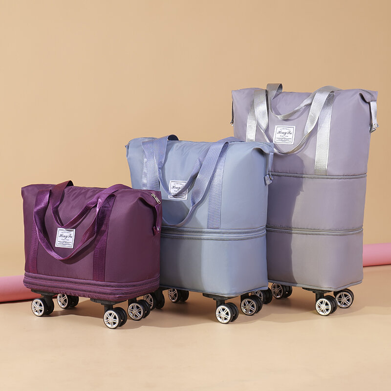 กระเป๋าทรงหมอนพับได้แบบขยายได้ (สีม่วง) มีล้อและที่จับสำหรับการเดินทาง
