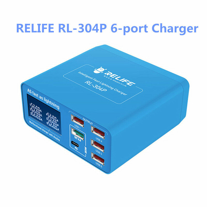 RELIFE RL-304P 6-port Smart Digital Display Lightning Charger PD and QC3.0 Fast Charging Tool for Mobile Phone Tablet