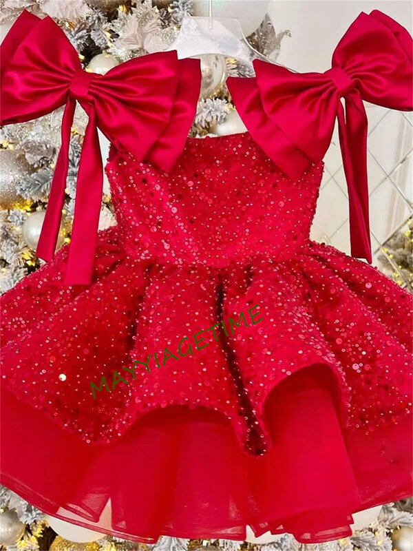 반짝이는 빨간 소녀 원피스 활 오프 숄더 푹신한 공주 드레스, 귀여운 아기 소녀 생일 원피스, 어린이 가운