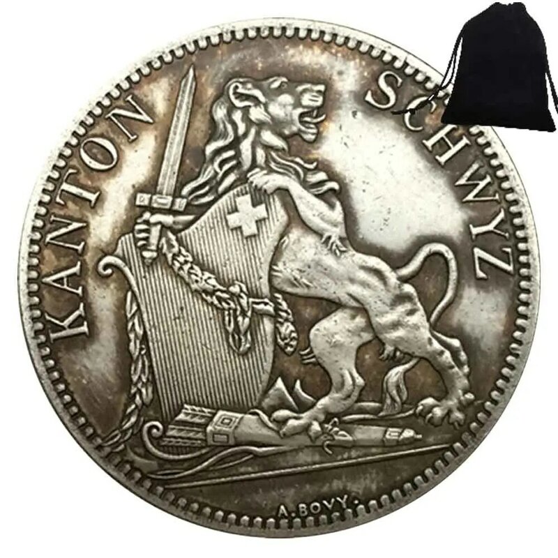 ギフトバッグ付きの記念ポケットコイン、アートコイン、スイス、ブレイブライオン、カップル、ディスコのデプロイ、良い運、ラグジュアリー、18650