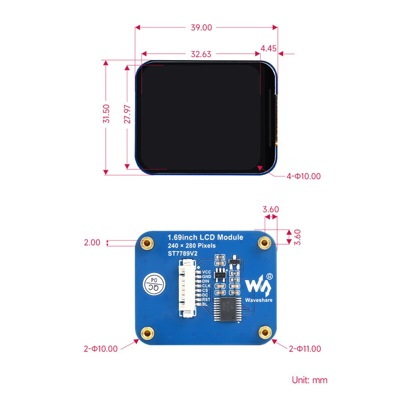 LCDディップ画面,1.69 × 240 spi,280 k,カラーst7789v2,arduino esp32用ディスプレイモジュール