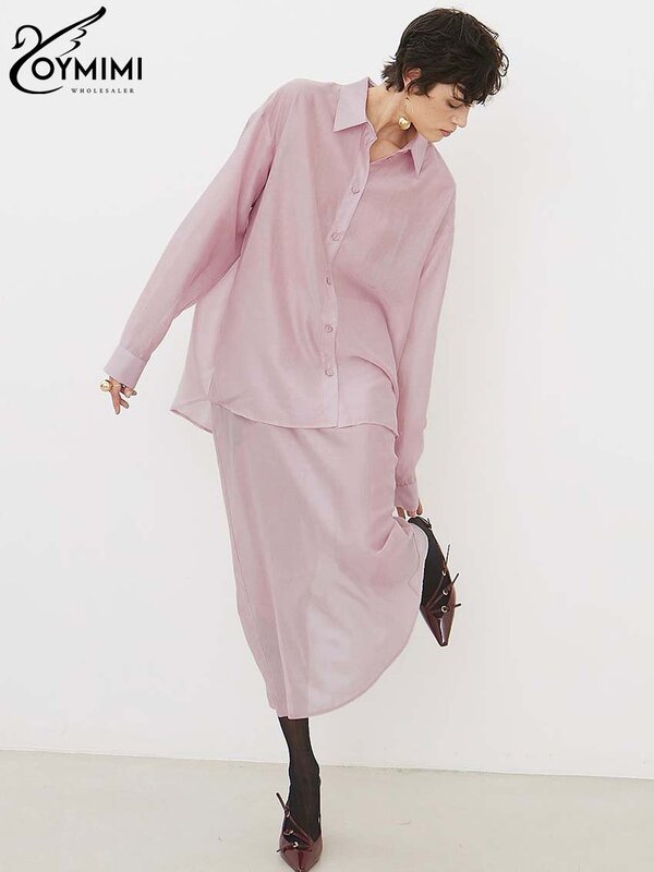 Oymimi Casual Pink Women 2 Piece Set Outfit Fashion Turn-Down Collar Long Sleeve Button Shirts And Higj Waist Straight Skirt Set