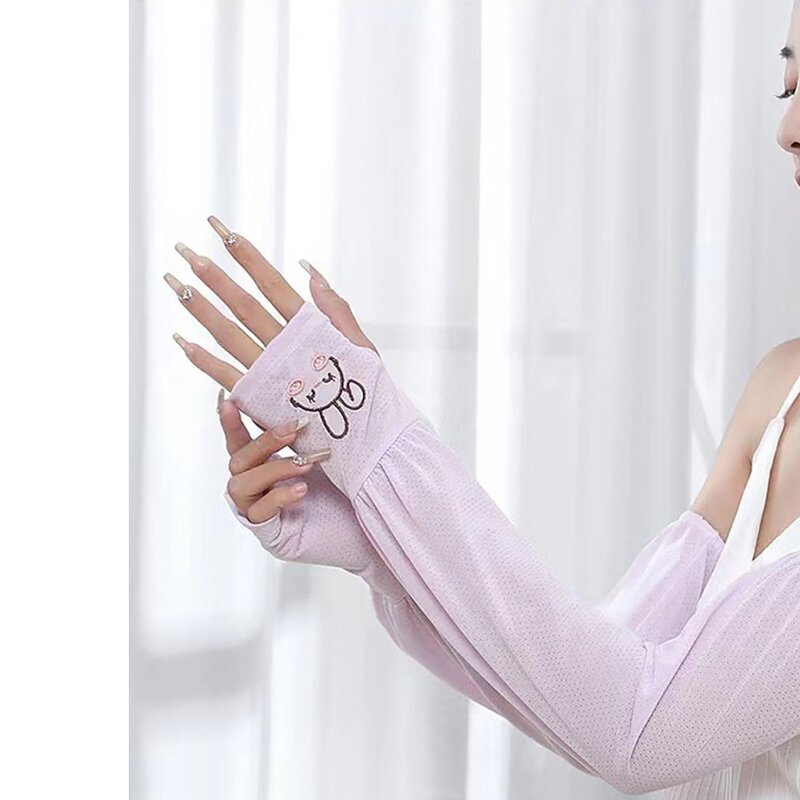 แขนเสื้อกันแดดผ้าไอซ์ซิลค์ปักพวงกุญแจกระต่ายน้อยสำหรับผู้หญิงแขนกันแดดทรงหลวมระบายอากาศ