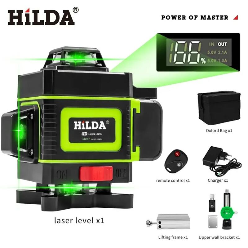 Hilda 16/12ラインレーザーレベルグリーンラインセルフレベリング360水平および垂直超強力レーザーレベルグリーンビーム