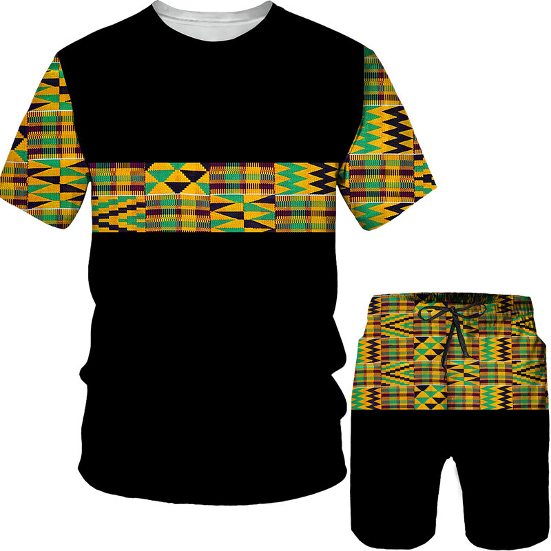 Conjunto de camisetas e shorts estampados em 3D para homens, estilo étnico, camiseta de manga curta extragrande, calças masculinas, roupas da moda verão