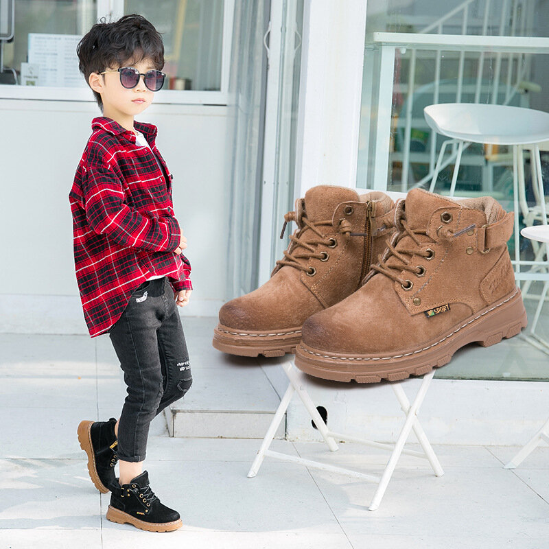 Retro Genuine Leather Children's Boots Girls Boys Warm Snow Boots Autumn Winter Kids Fashion High Top Shoe Outdoor Hiking Boots