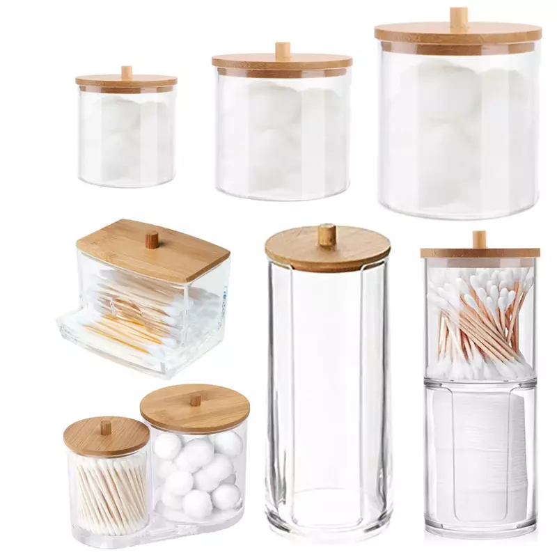 Organizador de bastoncillos de algodón con cubierta de bambú, organizador redondo de acrílico, caja de almacenamiento de maquillaje, contenedor