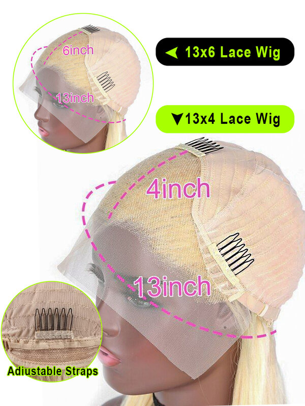 Perruque Lace Front Wig naturelle lisse blond miel, 13x6, 4x4, 13x4, transparente, HD 613